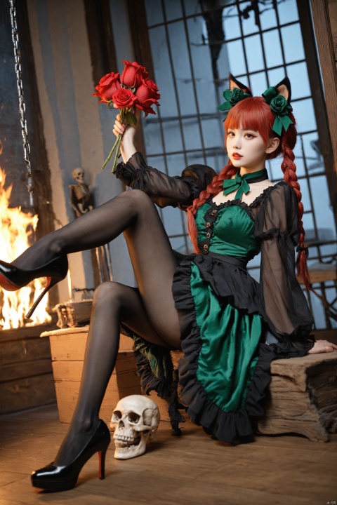  masterpiece,best quality,Realism,depth of field,lens_flare,loli, 1girl, animal ears, kaenbyou rin, solo, cat ears, red hair, dress, chain, skull, black footwear, pantyhose, looking at viewer, red eyes, flower, blunt bangs, hair ornament, long sleeves, green dress, parted lips, sitting, long hair, bow, hair flower, rose, lips, high heels, full body, braid, skeleton, black dress, frills, red lips, adapted costume, twin braids, blurry, shoes, breasts, bone, frilled sleeves, ribbon, twintails, hair bow, nose, knee up, frilled dress, extra ears, green bow, realistic, medium breasts, hair ribbon, dutch angle, leg up, indoors, makeup, red flower, alternate costume, black pantyhose, depth of field, leaning back, puffy sleeves, black bow, red rose, fire, short dress