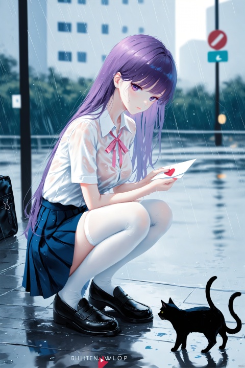 (masterpiece), (best quality), illustration, ultra detailed, hdr, Depth of field, (colorful),[wlop],[[sheya]],hiten_(hitenkei),cat, 1girl, shirt, thighhighs, skirt, breasts, long hair, squatting, white shirt, purple eyes, solo, black cat, white thighhighs, shoes, bag, black footwear, looking at viewer, ribbon, loafers, school bag, collared shirt, school uniform, short sleeves, holding, outdoors, cleavage, neck ribbon, wet shirt, wet, see-through, letter, medium breasts, love letter, frills, blush, dress shirt, animal, wet clothes, blue skirt, purple hair, pleated skirt, miniskirt, pink ribbon, rain, very long hair, closed mouth, copyright name, large breasts, frilled skirt, full body