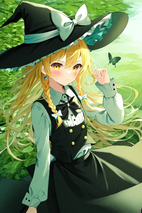 masterpiece,best quality,illustration,ultra detailed,hdr,Depth of field,(colorful),Artist ame929,1girl,hat,kirisame marisa,blonde hair,solo,yellow eyes,bug,witch hat,butterfly,long hair,braid,bow,flower,apron,black headwear,single braid,long sleeves,hair ornament,earrings,jewelry,white bow,hair flower,shirt,white shirt,closed mouth,hair between eyes,waist apron,white apron,black bow,white flower,hat bow,black skirt,blush,bowtie,skirt,black bowtie,looking at viewer,rose,hair bow,vest,black vest,frills,signature,buttons,hand on headwear,