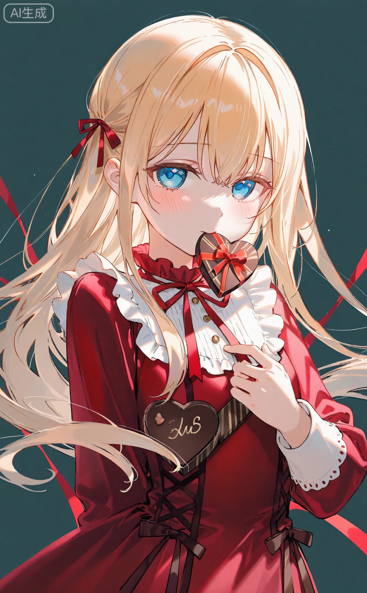masterpiece,highres,absurdres,newest,best quality,high quality,chromatic_aberration,shiny_skin,
//,
1girl, blue_eyes, box, heart-shaped_box, solo, blonde_hair, long_hair, looking_at_viewer, hair_between_eyes, ribbon, long_sleeves, valentine, holding_box, upper_body, mouth_hold, gift, red_ribbon, floating_hair, dress, red_dress, simple_background, gift_box, frills, holding, heart, box_of_chocolates, heart-shaped_chocolate, chain, chocolate
//,
(ciloranko:0.9),(wanke:0.5),(umehara_sei:1.2),(shiina_1001:0.8),(chiu538:0.7),(sakura_(39ra):0.6),(qizhu:0.88),(mikisai:0.5),kinako_(shiratama_mochi),