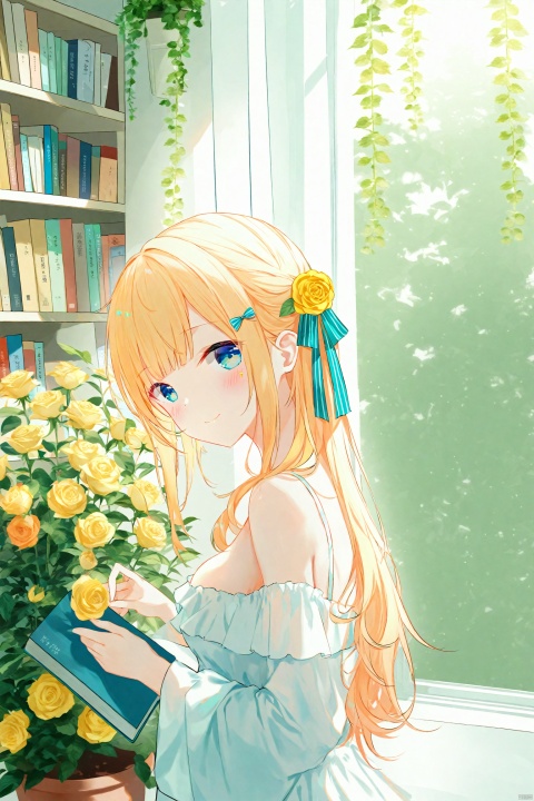 masterpiece,best quality,high quality,(colorful),[Artist chen bin],[Artist omone hokoma agm],Artist hiten (hitenkei),1girl, solo, flower, blue eyes, long hair, book, looking at viewer, hair ornament, yellow flower, indoors, smile, holding, blonde hair, dress, hair flower, rose, window, breasts, blush, long sleeves, yellow rose, plant, from side, closed mouth, holding book, white dress, looking to the side, bookshelf, cleavage, medium breasts, sunlight, bow, hair bow, upper body, wavy hair, off shoulder, off-shoulder dress, sidelocks, day, potted plant, bare shoulders, leaf, hair ribbon, ribbon