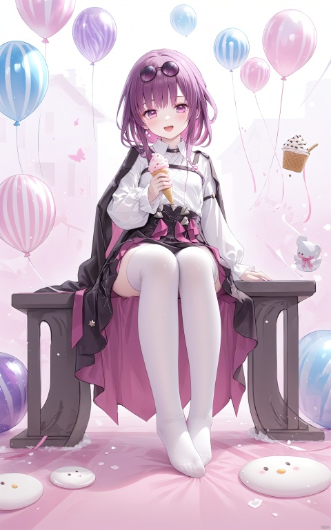  (masterpiece), (best quality), illustration, ultra detailed, hdr, Depth of field, (colorful),loli,1girl, solo, Kafka,(Star Rail),Purple eyes, purple hair,open her mouth,smile,a happy laugh,white silk stockings,full-body lens,Sit on the ground, raise her feet,Keep her feet together,long hair,Transparent white socks,nice socks, nice toes,Little feet,Pink theme background, ice cream, balloons, kafuka