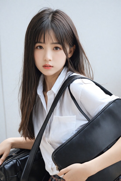  masterpiece,Realism,best quality,loli,1girl,long hair,bag,black hair,solo,school uniform,shirt,sleeves rolled up,blurry,looking at viewer,skirt,school bag,white shirt,realistic,lips,depth of field,upper body,black eyes,shoulder bag,brown eyes,nose,parted lips,plaid,plaid skirt,collared shirt,
