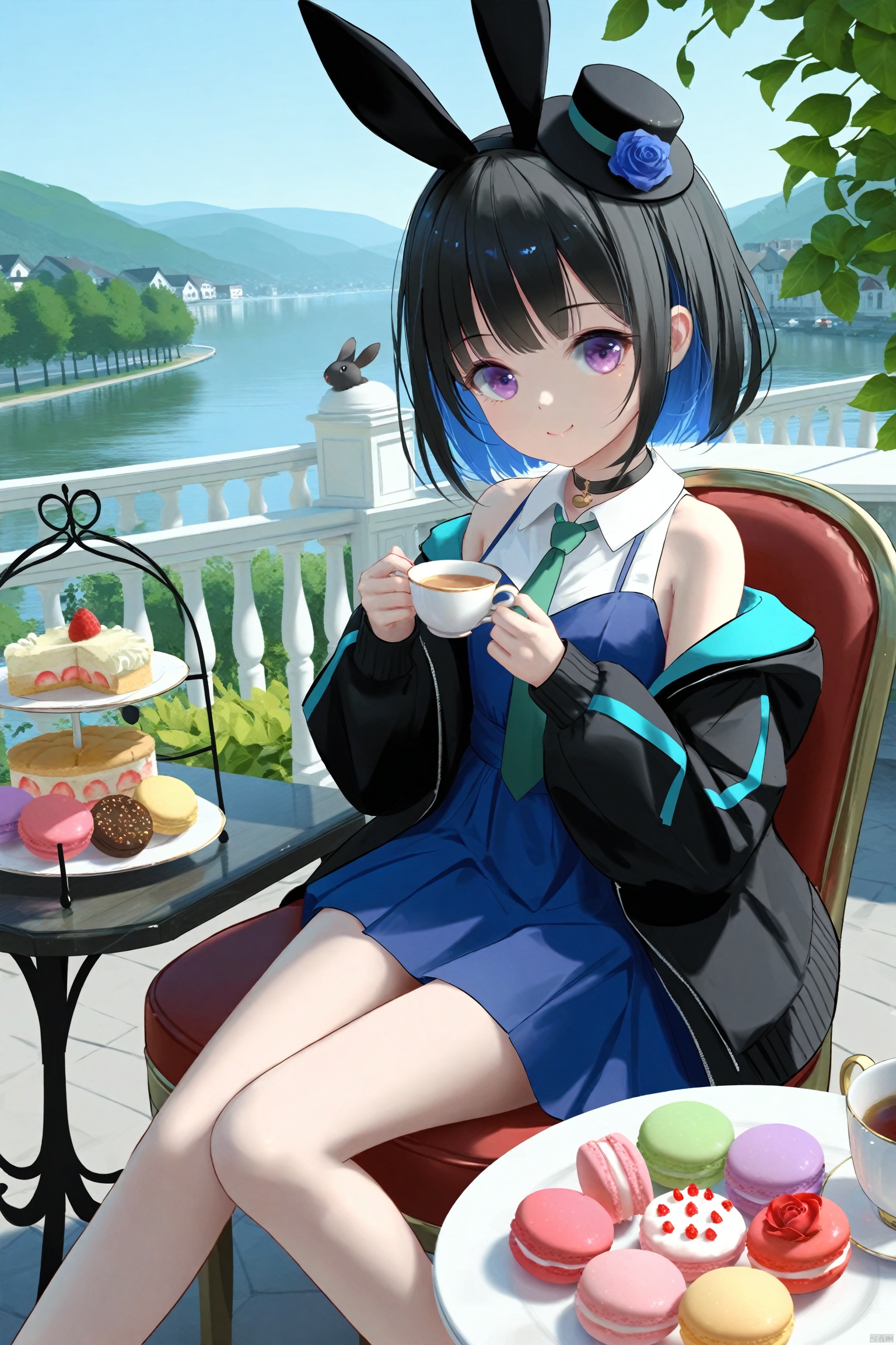 masterpiece,best quality,high quality,(colorful),[Artist miwano rag],[Artist wlop],[Artist chen bin],loli,nai3 Style, 1girl, cup, holding, necktie, dress, hat, food, looking at viewer, smile, sitting, blue dress, jacket, choker, sleeveless, off shoulder, purple eyes, solo, short hair, black choker, black jacket, hair ornament, black hair, holding cup, flower, outdoors, bare shoulders, rabbit, green necktie, mini hat, tiered tray, sleeveless dress, black headwear, table, chair, closed mouth, day, rose, shirt, macaron, open jacket, open clothes, teacup, long sleeves, cake, white shirt