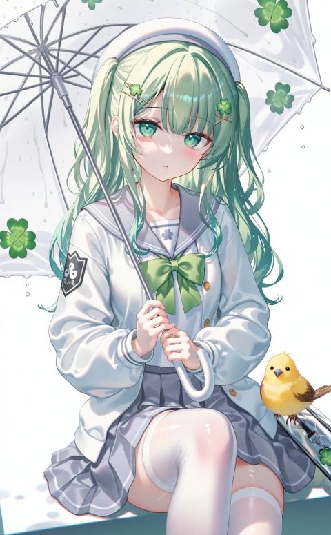masterpiece,highres,absurdres,newest,best quality,high quality,chromatic_aberration,shiny_skin,
//,
1girl, green eyes, umbrella, green hair, thighhighs, skirt, solo, white thighhighs, holding, holding umbrella, hair ornament, shirt, pleated skirt, sailor collar, jacket, grey skirt, white shirt, long sleeves, transparent umbrella, x hair ornament, open jacket, open clothes, beret, four-leaf clover, white background, transparent, clover hair ornament, bag, white jacket, clover, four-leaf clover hair ornament, puffy long sleeves, white headwear, looking at viewer, ribbon, bird, hat, grey sailor collar, school uniform, blush, serafuku, green bow, knee up, animal, puffy sleeves, bow, hairclip, sitting, see-through, white umbrella, parted lips, closed mouth, simple background, flower, green ribbon
//,
(chen bin:0.5),konya666,(hiten \(hitenkei\):0.4),(rimuu:0.5),(mignon:0.5),(sheya:0.6),[iumu],
//,
official art,depth of field,detailed light,blurry background,best shadow,shiny skin,cinematic lighting,ray tracing,amazing quality,very aesthetic,absurdres,beast quality,ultra detailed,newest,8K,HDR,