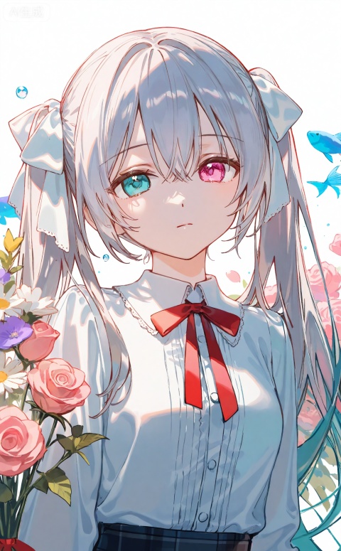 masterpiece,highres,absurdres,newest,best quality,high quality,chromatic_aberration,shiny_skin,
//,
1girl, heterochromia, solo, hatsune_miku, twintails, ribbon, long_hair, blue_eyes, flower, bouquet, neck_ribbon, hair_ribbon, shirt, white_background, closed_mouth, fish, grey_hair, purple_eyes, white_shirt, red_ribbon, expressionless, looking_at_viewer, hair_between_eyes, rose, upper_body, white_ribbon, portrait, collared_shirt, pink_eyes, white_hair, aqua_eyes
//,
(ciloranko:0.9),(wanke:0.5),(umehara_sei:1.2),(shiina_1001:0.8),(chiu538:0.7),(sakura_(39ra):0.6),(qizhu:0.88),(mikisai:0.5),kinako_(shiratama_mochi),