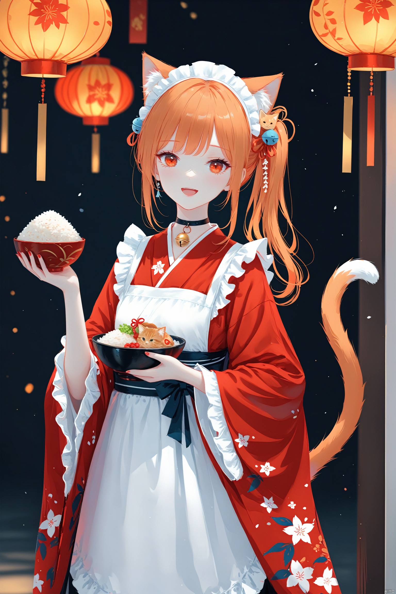 (masterpiece), (best quality), illustration, ultra detailed, hdr, Depth of field, (colorful),[Artist:wlop],[[Artist:sheya]],Artist:hiten_(hitenkei),1girl, animal ears, solo, cat ears, tail, cat tail, wa maid, frills, kimono, japanese clothes, bowl, apron, holding, smile, cat girl, rice bowl, holding bowl, white apron, maid headdress, bell, looking at viewer, frilled apron, long hair, maid, orange hair, open mouth, animal ear fluff, wide sleeves, hair ornament, maid apron, rice, orange eyes, jewelry, neck bell, red kimono, :d, side ponytail, blush, long sleeves, ribbon, chain, collar, jingle bell, fish hair ornament, food, choker, shamoji, red eyes