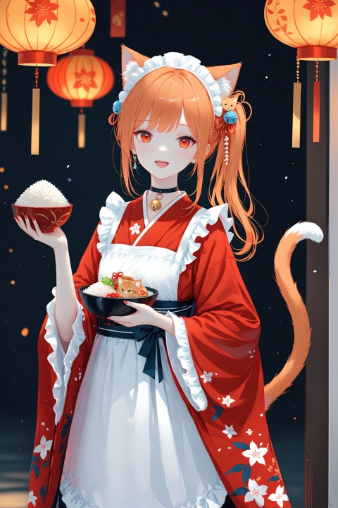 (masterpiece), (best quality), illustration, ultra detailed, hdr, Depth of field, (colorful),[Artist:wlop],[[Artist:sheya]],Artist:hiten_(hitenkei),1girl, animal ears, solo, cat ears, tail, cat tail, wa maid, frills, kimono, japanese clothes, bowl, apron, holding, smile, cat girl, rice bowl, holding bowl, white apron, maid headdress, bell, looking at viewer, frilled apron, long hair, maid, orange hair, open mouth, animal ear fluff, wide sleeves, hair ornament, maid apron, rice, orange eyes, jewelry, neck bell, red kimono, :d, side ponytail, blush, long sleeves, ribbon, chain, collar, jingle bell, fish hair ornament, food, choker, shamoji, red eyes