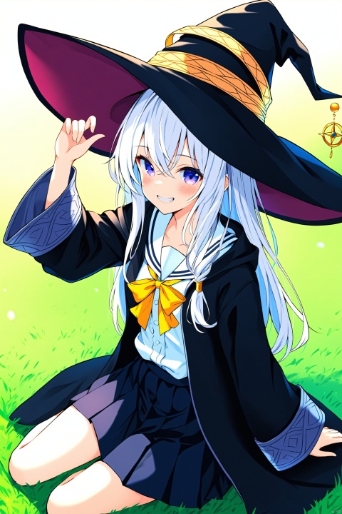 (masterpiece),(best quality),illustration,ultra detailed,hdr,Depth of field,(colorful),nai3 Style, 1girl, elaina (majo no tabitabi), solo, hat, witch hat, long hair, skirt, black headwear, smile, white hair, sailor collar, shirt, pleated skirt, blue eyes, long sleeves, hair between eyes, hand on headwear, sitting, white shirt, looking at viewer, bow, blush, robe, black robe, black skirt, open robe, white background, white sailor collar, purple eyes, grin, yellow bow, school uniform, bowtie, open clothes, grass, black coat