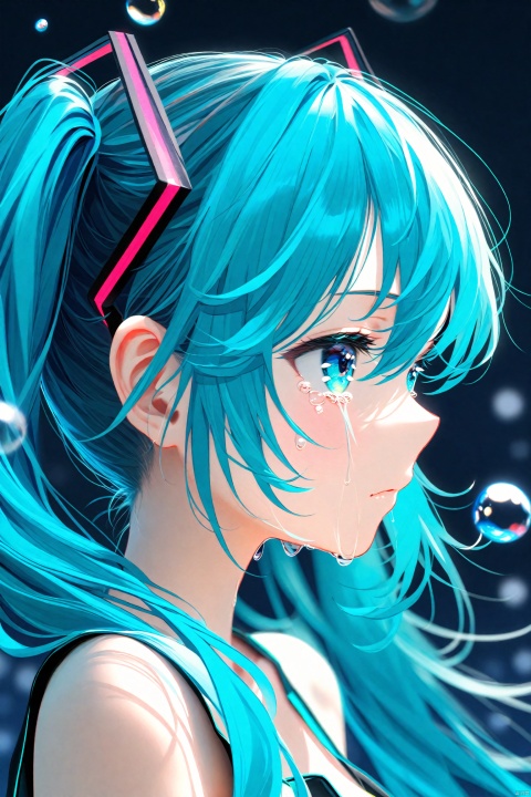 (masterpiece),(best quality),illustration,ultra detailed,hdr,Depth of field,(colorful),nai3 Style,1girl,solo,hatsune miku,long hair,twintails,tears,from side,profile,crying,bare shoulders,aqua eyes,bubble,portrait,blue hair,hair ornament,crying with eyes open,blurry,blue eyes,aqua hair,hair between eyes,water drop,closed mouth,sleeveless,upper body,