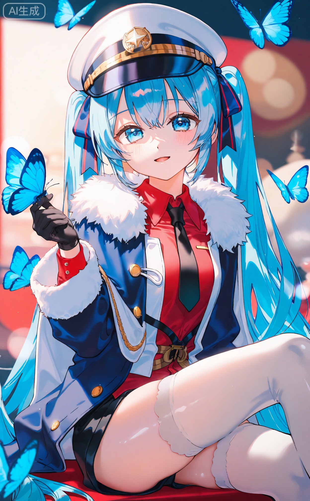 masterpiece,highres,absurdres,newest,best quality,high quality,chromatic_aberration,shiny_skin,
//,
1girl, hatsune_miku, bug, gloves, twintails, hat, black_necktie, yuki_miku, butterfly, black_gloves, long_hair, black_shorts, blue_hair, necktie, shirt, shorts, coat, solo, blue_butterfly, fur-trimmed_coat, red_shirt, sitting, peaked_cap, very_long_hair, white_headwear, looking_at_viewer, fur_trim, ribbon, black_coat, blurry, thighhighs, jacket, holding, smile, blue_eyes, hair_ribbon, red_ribbon, military, military_uniform, blurry_background, white_jacket, collared_shirt, open_mouth, open_clothes, short_shorts, animal, depth_of_field, buttons, uniform, hand_up, wavy_hair, parted_lips, blue_coat, white_thighhighs, flag
//,
(ciloranko:0.9),(wanke:0.5),(umehara_sei:1.2),(shiina_1001:0.8),(chiu538:0.7),(sakura_(39ra):0.6),(qizhu:0.88),(mikisai:0.5),kinako_(shiratama_mochi),