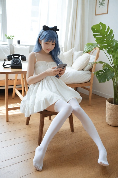  masterpiece,best quality,Realism,depth of field,lens_flare,loli,1girl, thighhighs, solo, long hair, white thighhighs, sitting, dress, phone, holding, indoors, table, looking at viewer, white dress, no shoes, blue hair, pillow, smile, hairband, bow, hair bow, cellphone, bag, brown eyes, handbag, realistic, holding phone, black bow, sleeveless dress, bare shoulders, sleeveless, black hairband, wooden floor, chair, lips, full body, bed, ribbon, closed mouth, corded phone, cup, bottle, feet, cushion, smartphone, day, hair ribbon, curtains, grey eyes, rug, window, potted plant, grey hair, plant