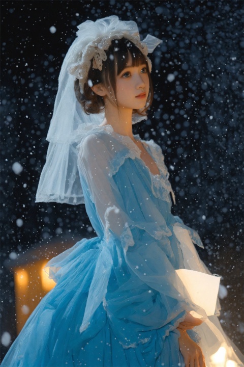  masterpiece,Realism,best quality,loli,Black background, late at night,1girl, solo, dress, veil, blue eyes, black hair, short hair, brown hair, upper body, blue dress, snow, jewelry, long sleeves, hat, snowing