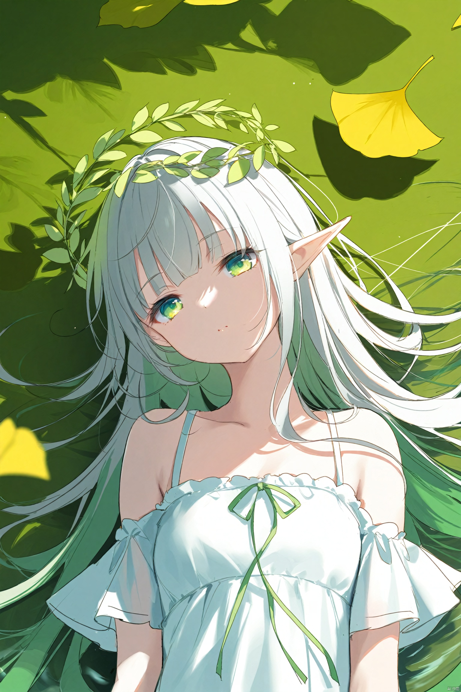 masterpiece,best quality,high quality,(colorful),[Artist miwano rag],[Artist toosaka asagi],[Artist wlop],[Artist chen bin],loli,sketch,traditional_media,1girl,solo,elf,green eyes,silver hair,green gradient hair,(long hair),blunt bangs,white dress,off-shoulder,laurel wreath,(upper body),expressionless,half-closed eyes,close-up,looking at viewer,(chibi:0.1),lying,on back,in water,gingko leaf,meadow,from above,masterpiece,bestquality,line art,