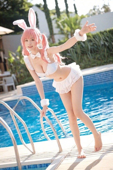  masterpiece,best quality,Realism,depth of field,lens_flare,loli,1girl, solo, breasts, pink hair, cleavage, animal ears, rabbit ears, pool, blurry, barefoot, twintails, blurry background, smile, looking at viewer, bow, navel, wrist cuffs, fake animal ears, water, large breasts, skirt, midriff, standing, frills, full body, outstretched arm, leaning forward, long hair, dutch angle, swimsuit, depth of field, white bow, lips, toes, parted lips, outdoors, bowtie, poolside, legs, open mouth, white skirt, bare legs, shorts