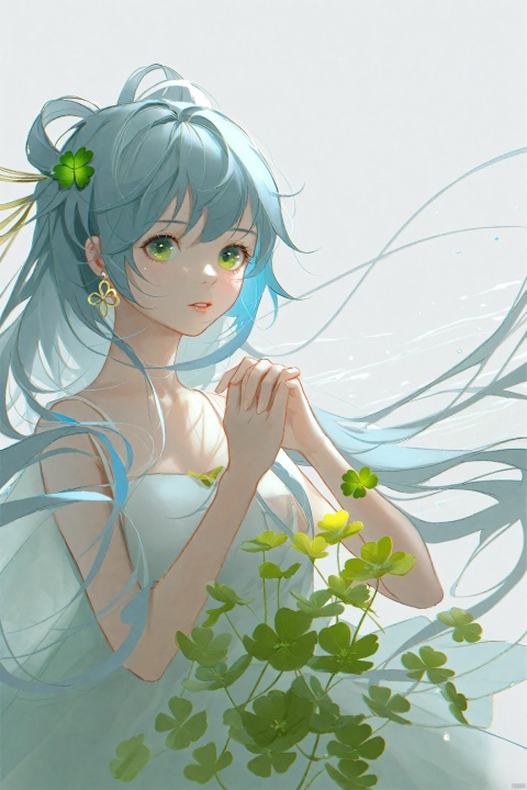 masterpiece,best quality,high quality,(colorful),[Artist sk (askzy)],[Artist wlop],Artist SHC,1girl,Luo Tianyi (Vocaloid),clover,solo,long hair,green eyes,four-leaf clover,dress,flower,own hands together,looking at viewer,water,hair ornament,parted lips,very long hair,bangs,earrings,white background,jewelry,bare shoulders,upper body,white dress,hair flower,ribbon,simple background,hands up,blush,