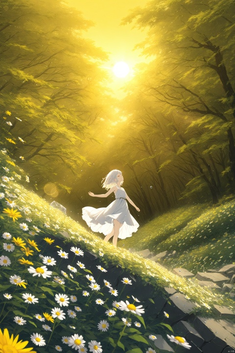  (masterpiece),(best quality),illustration,ultra detailed,hdr,Depth of field,(colorful),loli,yellow theme,the setting sun,Chamomile,Chamomile,cornflower,vines,forest,ruins,lens flare,hdr,Tyndall effect,damp,wet,1girl,bare shoulders,broken glass,broken wall,white hair,white dress,closed mouth,constel lation,flat color,braid,blinking,white robe,float,closed mouth,constel lation,flat color,looking up,standing,medium hair,standing,solo