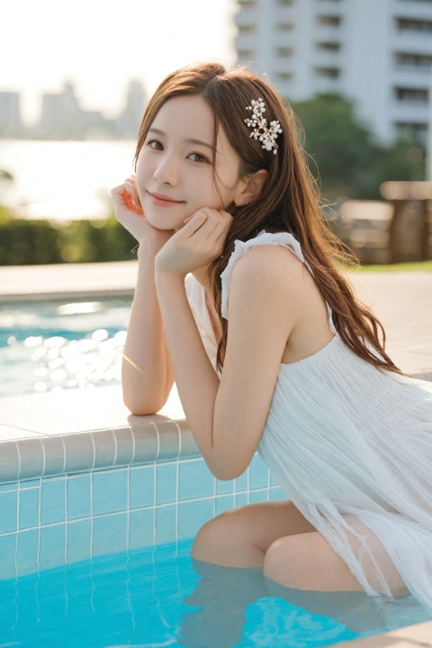  masterpiece,best quality,Realism,depth of field,lens_flare,loli, 1girl, solo, realistic, looking at viewer, brown hair, photorealistic, outdoors, pool, water, hair ornament, blurry, barefoot, head rest, dress, blurry background, long hair, white dress, smile, lips, day, parted lips, building, off shoulder, upper body, shirt, jewelry, brown eyes