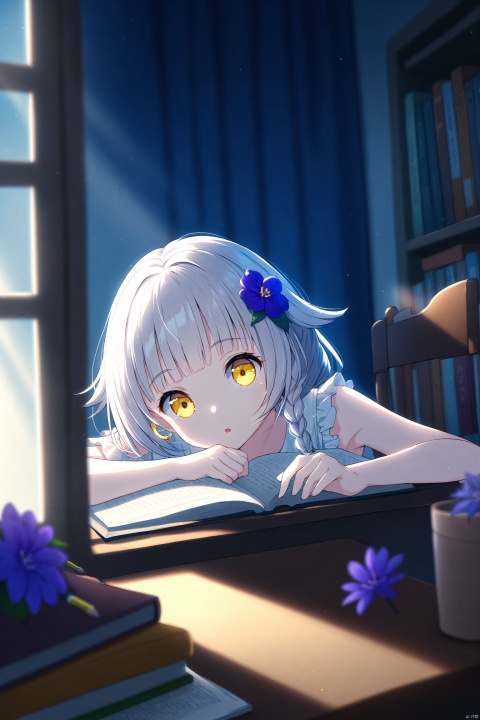 (masterpiece), (best quality), illustration, ultra detailed, hdr, Depth of field, (colorful),loli, God's light, strong side lighting, perspective, backlight, Tyndall effect, dense, fog, light leaks, Airborne dust, depth of field, cold, library, book on the table, bookshelf, Violet Flower, pencil, shiny eyes, hair flaps, super detailed hair, yellow eyes, glow eyes, cute animated face, long eyelashes, girl sitting on the chair, fair skin, blunt bangs, hair strand, detailed hair, side braid, wavy silver hair, floating hairline, crescent earrings, wide eyed, armpits, hair flower, dappled sunlight on face, white dress, blue curtain, window, flowerpot is on the windowsill, plant at background, intricate detail, Cinematic Lighting, focus blur