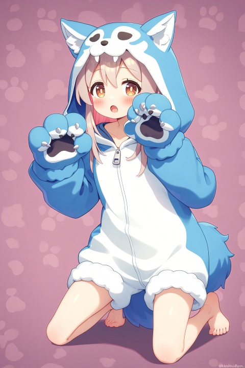 onii-chan_wa_oshimai!,1girl, :o, absurdres, animal_costume, animal_ears, animal_hands, barefoot, blush, brown_eyes, colored_inner_hair, commentary_request, fake_animal_ears, fake_tail, full_body, gloves, grey_hair, hair_between_eyes, highres, hood, hood_up, kneeling, long_hair, looking_at_viewer, multicolored_hair, onesie, onii-chan_wa_oshimai!, open_mouth, oyama_mahiro, paw_gloves, paw_print, paw_print_background, pink_hair, solo, tail, tokoshibyra, two-tone_hair, wolf_costume, wolf_hood, wolf_tail, zipper_pull_tab