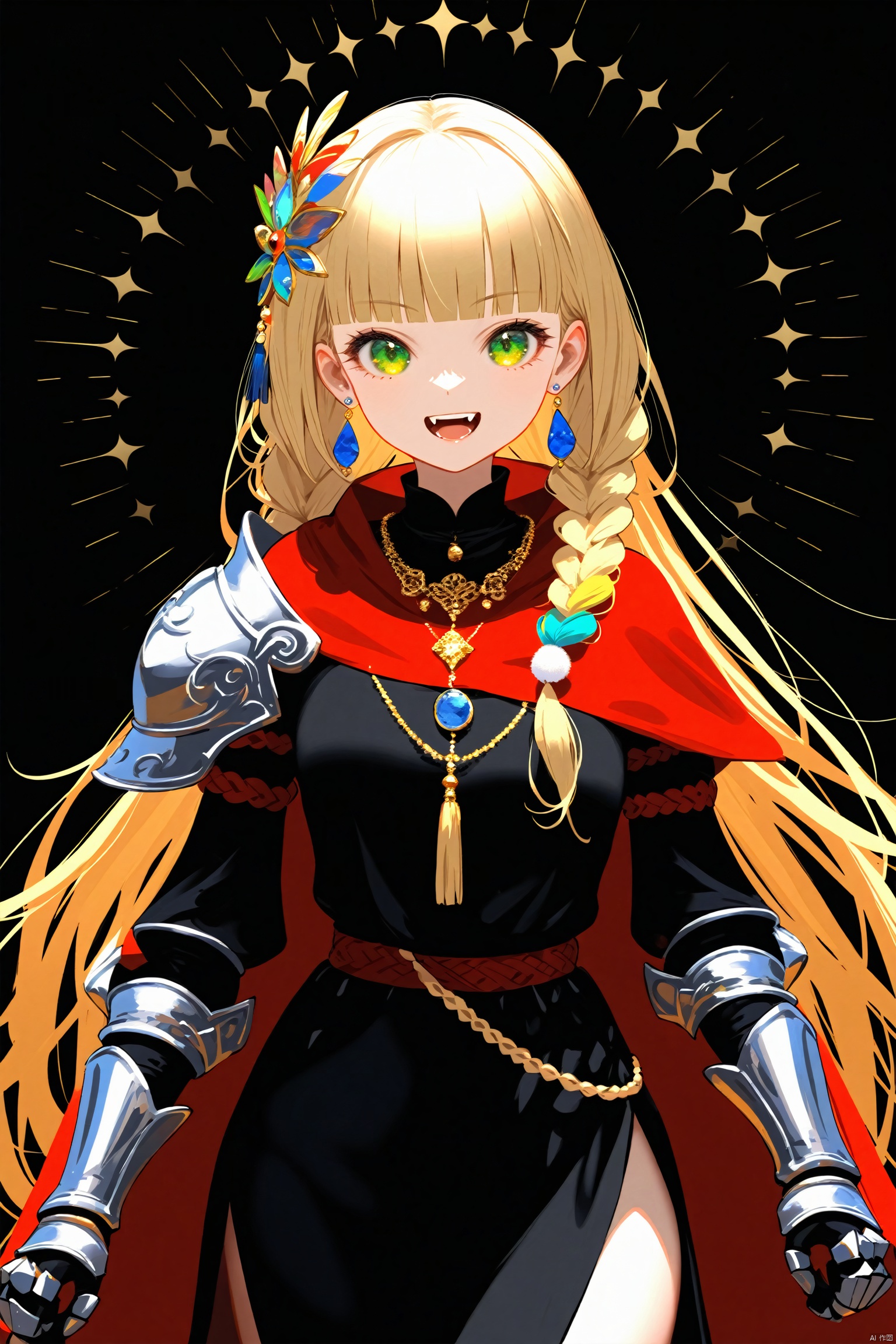 masterpiece,best quality,high quality,(colorful),loli,nai3 Style, 1girl, long hair, solo, green eyes, braid, blonde hair, black background, dress, gauntlets, looking at viewer, armor, open mouth, black dress, smile, shoulder armor, jewelry, cape, hair ornament, blunt bangs, very long hair, teeth, necklace, pauldrons, twin braids, :d, red cape, side slit, earrings, artist name, simple background, upper teeth only, fangs, standing, breasts, cowboy shot