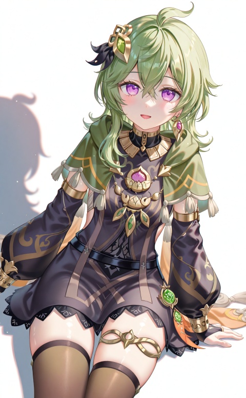 masterpiece,highres,absurdres,newest,best quality,high quality,chromatic_aberration,shiny_skin,
//,
collei \(genshin impact\), 1girl, green hair, purple eyes, dress, thighhighs, vision \(genshin impact\), open mouth, blush, looking at viewer, green capelet, capelet, white background, smile, jewelry, hair ornament, black dress, solo, earrings, detached sleeves, simple background, hair between eyes, long sleeves, brown thighhighs, crossed bangs, ahoge
//,
(chen bin:0.5),konya666,(hiten \(hitenkei\):0.4),(rimuu:0.5),(mignon:0.5),(sheya:0.6),[iumu],
//,
official art,depth of field,detailed light,blurry background,best shadow,shiny skin,cinematic lighting,ray tracing,amazing quality,very aesthetic,absurdres,beast quality,ultra detailed,newest,8K,HDR,
