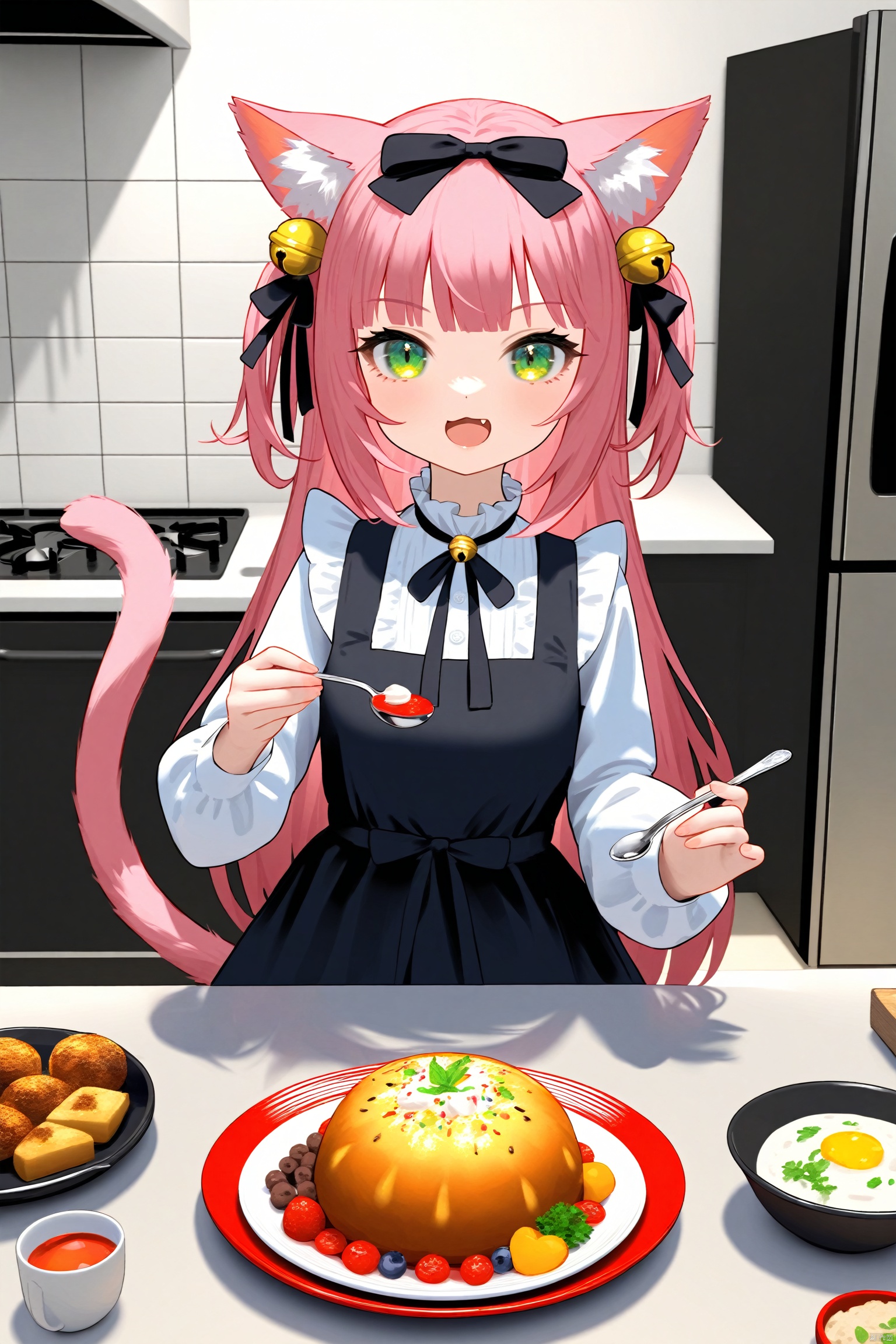 masterpiece,best quality,high quality,(colorful),loli,nai3 Style, 1girl, animal ears, green eyes, cat ears, pink hair, solo, bell, long hair, holding, open mouth, cat girl, tail, hair ornament, cat tail, hair bell, plate, shirt, dress, food, long sleeves, spoon, jingle bell, fang, bow, white shirt, animal ear fluff, black dress, indoors, kitchen, looking at viewer, black bow, holding spoon, hair bow, ribbon, holding plate, sleeveless dress, neck ribbon