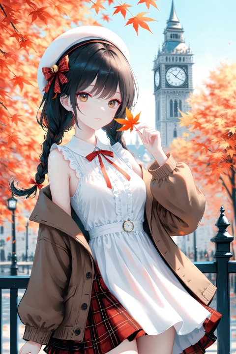 (masterpiece), (best quality), illustration, ultra detailed, hdr, Depth of field, (colorful),[Artist:wlop],[[Artist:sheya]],Artist:hiten_(hitenkei),1girl, solo, holding leaf, animal ears, long hair, holding, braid, outdoors, hat, autumn leaves, leaf, twin braids, skirt, looking at viewer, white headwear, breasts, off shoulder, clock tower, long sleeves, brown jacket, white dress, bow, maple leaf, beret, brown eyes, dress, day, bare shoulders, hair between eyes, ribbon, autumn, medium breasts, open clothes, blurry, clock, plaid, tree, bell, jacket, hair ornament, cowboy shot, red skirt, blurry background, blush, building, closed mouth, open jacket, plaid skirt, frills, sleeveless, hair bow, red ribbon, hair ribbon