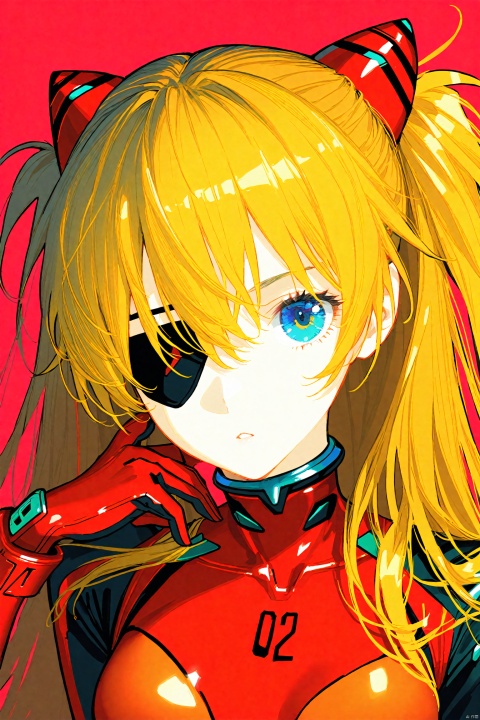 (masterpiece),(best quality),illustration,ultra detailed,hdr,Depth of field,(colorful),(chromatic aberration),1girl,solo,souryuu asuka langley,eyepatch,red background,blue eyes,plugsuit,long hair,jacket,looking at viewer,breasts,upper body,red bod