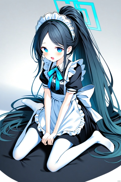 masterpiece,best quality,illustration,ultra detailed,hdr,Depth of field,(colorful),[iumu],[Artist chen bin],1girl, pantyhose, aris (blue archive), long hair, aris (maid) (blue archive), halo, white pantyhose, apron, maid headdress, black hair, maid, very long hair, official alternate costume, blue eyes, short sleeves, solo, looking at viewer, dress, blush, white apron, no shoes, sitting, ponytail, absurdly long hair, frills, black dress, maid apron, frilled apron, wariza, puffy sleeves, puffy short sleeves, soles, open mouth, feet, between legs, white background, hand between legs, ribbon, toes, neck ribbon, peroro (blue archive)