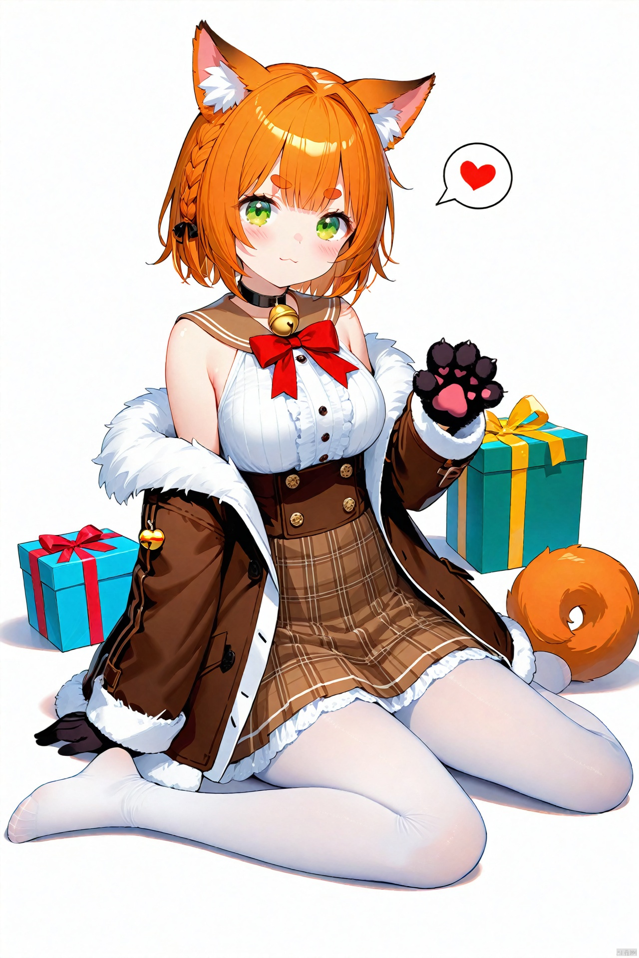 (masterpiece),(best quality),illustration,ultra detailed,hdr,Depth of field,(colorful),1girl, pantyhose, white pantyhose, animal ears, solo, gift, green eyes, bell, fur trim, white background, braid, breasts, sitting, no shoes, gift box, food, blush, frills, tail, looking at viewer, brown jacket, off shoulder, orange hair, thick eyebrows, box, simple background, heart, gloves, choker, jacket, closed mouth, neck bell, dress, sailor collar, brown skirt, medium breasts, brown sailor collar, long sleeves, short hair, bow, christmas, bare shoulders, brown dress, skirt, wariza, animal hands, candy, open clothes, full body, black choker, shirt, high-waist skirt, jingle bell, :3, hair intakes, spoken heart, white shirt, , , , , 
