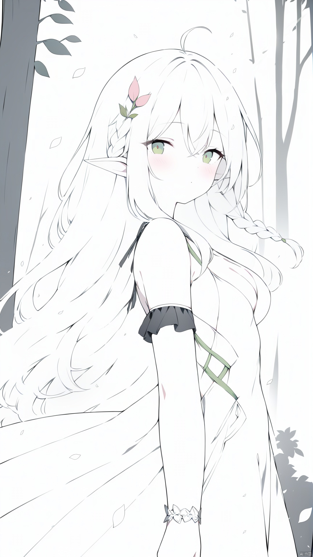 (masterpiece, best quality, high quality, highres, ultra-detailed), realistic,,,1 sweet girl, the greater lord rukkhadevata, (side braid:1.1), long hair,((white hair)), leaf hair ornament, (pointy ears), elf, green eyes, pale skin, bare shoulders, (medium breasts), (cleavage:1.1), jewelry, white long dress, (detached sleeves:1.1), bracelet, (looking away:1.2), (hair floating:1.3), from side,,(in forest:1.3), (pink flowers:1.1), (falling petals:1.1), (lens flare from right:1.2), (god rays from right:1.2),,, (greyscale