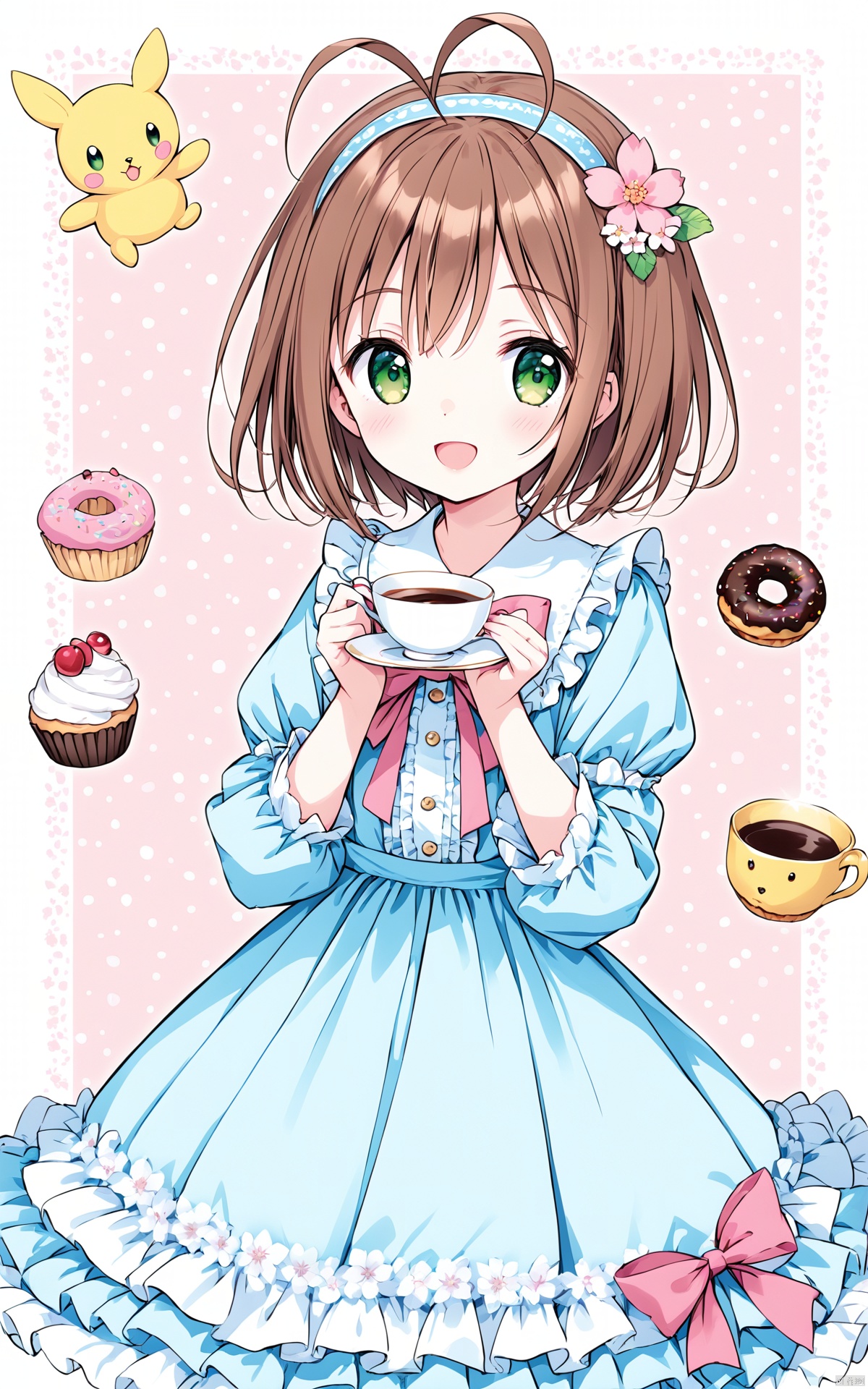 kero, kinomoto sakura, green eyes, food, brown hair, dress, flower, smile, short hair, 1girl, open mouth, bow, cup, hair ornament, cake, teacup, looking at viewer, antenna hair, pink bow, lolita fashion, doughnut, pink flower, hair flower, cupcake, blue dress, frills, :d, hairband