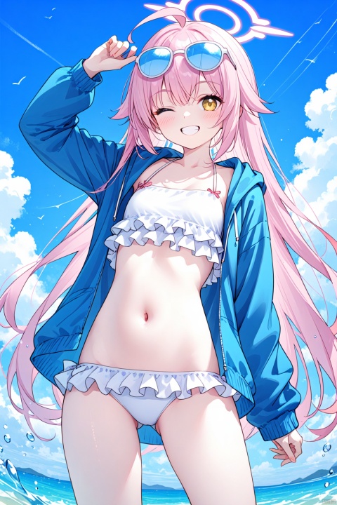 1girl, solo, long hair, looking at viewer, blush, smile, bangs, long sleeves, navel, very long hair, jacket, swimsuit, yellow eyes, pink hair, ahoge, bikini, outdoors, frills, one eye closed, open clothes, sky, day, cloud, water, grin, arm up, open jacket, blue sky, ocean, ass visible through thighs, halo, white bikini, sunglasses, blue jacket, eyewear on head, frilled bikini, hoshino \(blue archive\)