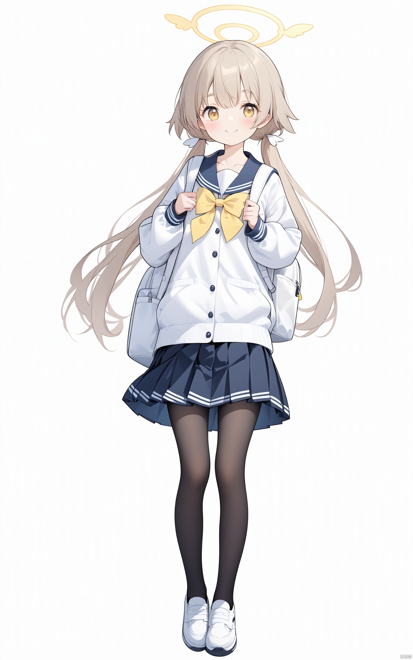 1girl,hifumi (blue archive),solo,bag,twintails,white background,pantyhose,simple background,low twintails,school uniform,backpack,yellow eyes,long hair,smile,skirt,black pantyhose,looking at viewer,blush,light brown hair,sailor collar,halo,white bag,long sleeves,bangs,full body,