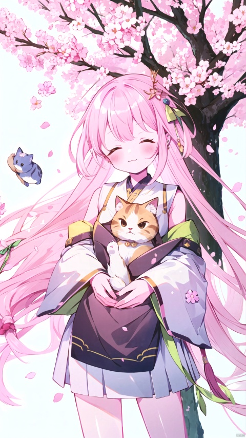 1girl,pink hair,long hair,cherry blossoms, animals, petals, branch,flower, closed eyes,holding, smile, hair ornament, jewelry, in tree,earrings, chinese clothes, spring (season), pink flower, petting, hair,cat,Hold a cat, long ar, detached sleeves,long sleeves,:3, white background