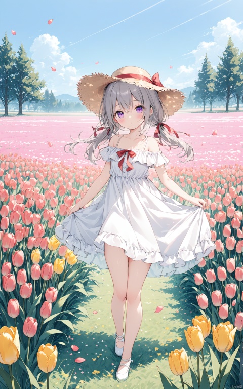 (masterpiece), (best quality),((loli)),1girl,outdoors,solo,hat,dress,flower,tulip,purple eyes,long hair,white dress,looking at viewer,ribbon,pink flower,bangs,straw hat,day,sky,blush,hair ribbon,yellow flower,blue sky,red ribbon,bare shoulders,field,bow,twintails,petals,closed mouth,off shoulder,flower field,hair between eyes,tree,cloud,plaid,off-shoulder dress,grey hair,standing,hat bow,floating hair,arm up,wind,frills,low twintails,breasts, (masterpiece),(bestquality)