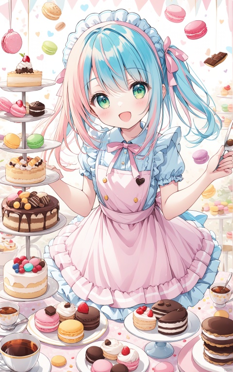1girl, multiple colored hairs, sweet maid, cute face, super happy smiling, open mouth,,group shot, zoom camera, sweet tea party,,lots of cakes, macarons, chocolates, parfaits, cookies, land of sweets,watercolorbg, abstract, soft 