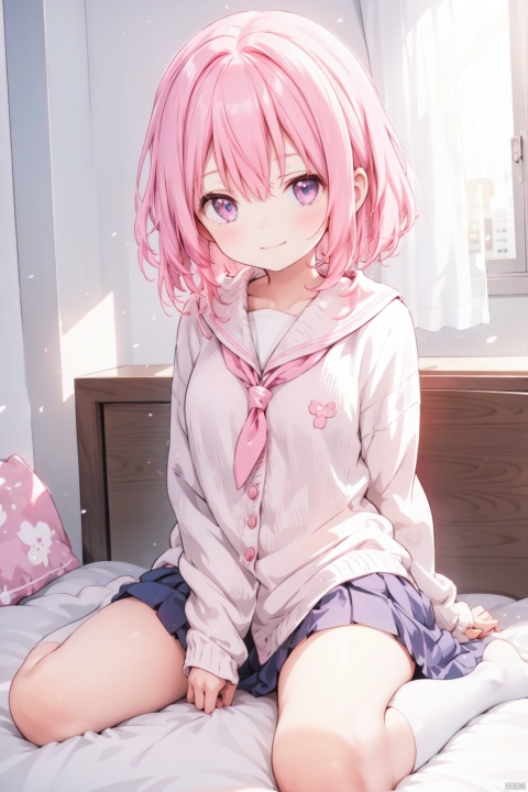 a girl sits on a bed,Pink hair,school uniform,smirk,straddling,full body