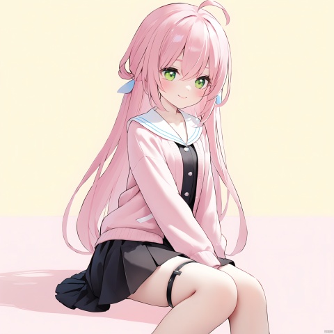 (masterpiece), (best quality),artist azure, 1girl,loli, solo, pink hair, ahoge, sitting, skirt, green eyes, looking away, smile, black skirt, long hair, looking to the side, long sleeves, bangs, hair between eyes, closed mouth, hand between legs, between legs, yellow background, blush, sleeves past wrists, pink cardigan, jacket, thigh strap, simple background, pink jacket, cardigan, virtual youtuber, two-tone background,[artist mmd],
