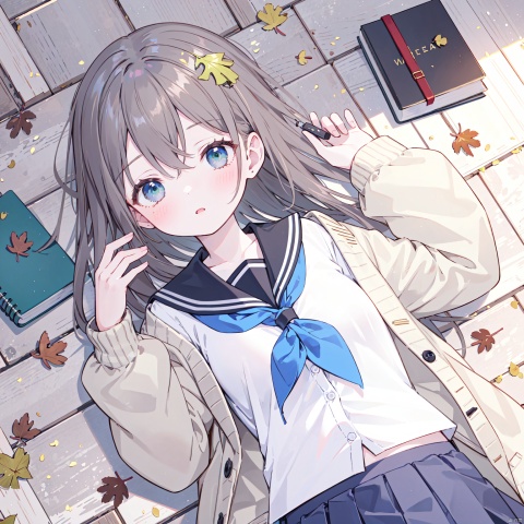  1girl, solo, school uniform, lying, Chinese wolfberry, green eyes, on back, brown hair, looking at viewer, on floor, book, serafuku, blue neckerchief, sailor collar, white shirt, neckerchief, leaf, blush, cardigan, shirt, ginkgo leaf, ginkgo leaf, open clothes, bangs, twitter username, parted lips, open cardigan, collarbone, long sleeves, holding leaf, holding, wooden floor, hair between eyes, upper body, long hair, indoors, brown cardigan, skirt, from above, autumn leaves, blue sailor collar, notebook