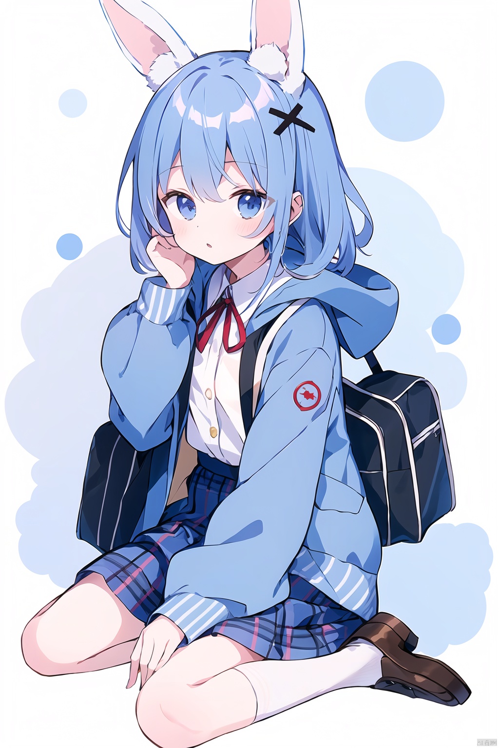 1girl, solo, looking at viewer, blush, bangs, blue eyes, skirt, shirt, hair ornament, long sleeves, white background, ribbon, animal ears, hair between eyes, blue hair, jacket, full body, white shirt, pleated skirt, parted lips, open clothes, shoes, socks, collared shirt, hand up, hood,  :o, open jacket, sleeves past wrists, plaid, kneehighs, dress shirt, kneeling, neck ribbon, alternate hairstyle, fake animal ears, plaid skirt, brown footwear, hood down, x hair ornament, blue ribbon, blue jacket, black socks, loafers, hooded jacket, brown skirt, animal hood, alternate hair length, rabbit hood, kafuu chino, tippy \(gochiusa\)