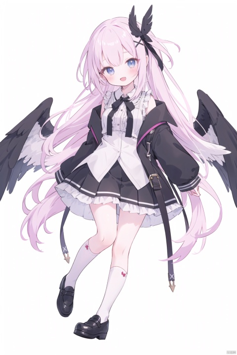 1girl, solo, long hair, breasts, looking at viewer, blush, smile, open mouth, bangs, blue eyes, skirt, shirt, hair ornament, long sleeves, white background, dress, bow, ribbon, hair between eyes, very long hair, jacket, full body, white shirt, pink hair, flower, white hair, :d, multicolored hair, pleated skirt, frills, open clothes, wings, shoes, sleeveless, socks, collared shirt, wide sleeves, black skirt, black footwear, black dress, arm up, open jacket, sleeves past wrists, kneehighs, black bow, gradient hair, neck ribbon, white jacket, feathers, x hair ornament, white socks, knees up, black wings, photo \(object\), shoe soles
