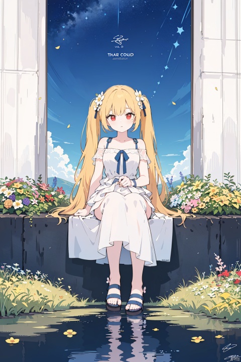 best quality, masterpiece, illustration, (reflection light), incredibly absurdres, ((Movie Poster), (signature:1.3), (English text), 1girl, girl middle of flower, pure sky,yellow hair, red eyes, twintails,clear sky, outside, collarbone, sitting, absurdly long hair, clear boundaries of the cloth, white dress, fantastic scenery, ground of flowers, thousand of flowers, colorful flowers, flowers around her, various flowers,bare shoulders,skirt, sandals, 