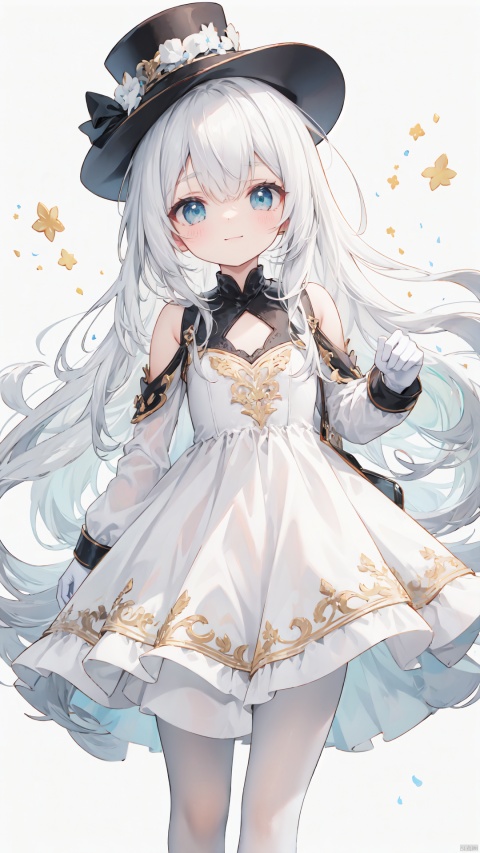  1 tomgirl, best quality, smile, white hair, flowing long hair, blue eyes, solo, aqua_eyes, long sleeved, (pure white dress:1.3), lace, chiffon, white gloves, looking at viewer, facing the viewer, blush, frills, bangs, closed mouth, (white pantyhose:1.2), top_hat, black women's leather shoes, light orange background