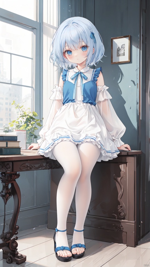  1tomgirl, Short blue hair, solo, the whole body, sitting, dress, tight dress, lace dress, looking at viewer, facing the viewer, white dress, blush, frills, bangs, closed mouth, blue hair, backlight, white pantyhose, silver ribbon sandals,