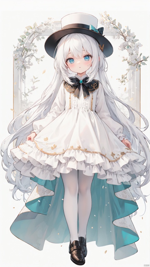  1 tomgirl, best quality, smile, white hair, free long hair, blue eyes, solo, aqua_eyes, long sleeved, (pure white dress:1.3), lace, chiffon, white gloves, looking at viewer, facing the viewer, blush, frills, bangs, closed mouth, (white pantyhose:1.2), top_hat, black women's leather shoes, light orange background