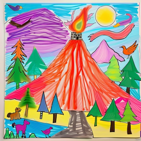  children-drawing, a colorful and detailed drawing of an erupting volcano, surrounded by trees. it features various birds flying in the sky above the scene, adding to its lively atmosphere. there are at least 13 birds visible throughout the picture, some closer to the top left corner while others fly higher up or nearer to the center of the frame.
in addition to the main focus on the volcano, there's also a pink horse located towards the right side of the drawing, further enhancing the vibrant colors present in this artwork.