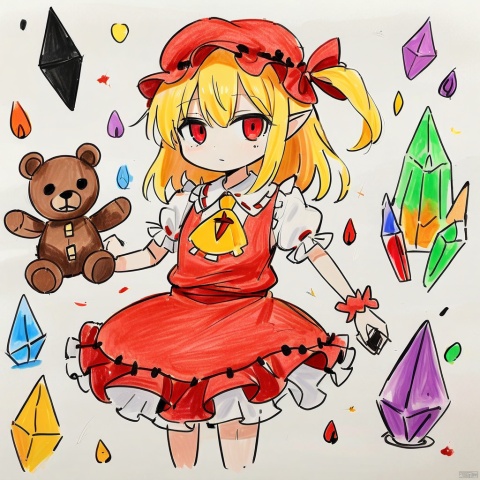  colored_pencil_drawing,masterpiece, best quality, 1girl, flandre scarlet, touhou, hat, mob cap, solo, blonde hair, stuffed toy, red vest, wings, stuffed animal, teddy bear, red eyes, crystal, vest, white headwear, outdoor, short sleeves, one side up, holding, puffy sleeves, skirt, shirt, pointy ears, red skirt, looking at viewer, puffy short sleeves, ascot, yellow ascot, wrist cuffs, white shirt, holding stuffed toy, bow, frills, red bow, collared shirt, ribbon, frilled shirt collar, red ribbon, medium hair masterpiece, best quality, very aesthetic, absurdres