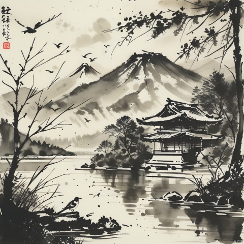  (ink-style, ink_wash_painting),(masterpiece,best quality), scenery, bird, east asian architecture, architecture, water, mountain, outdoors, river, lake,painting \(medium\), traditionalmedia,branch,watercolor\(medium\),